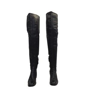 Prada Black Leather Boots size 6.5 Over The Knee Boots Thigh High Side Zip Gold